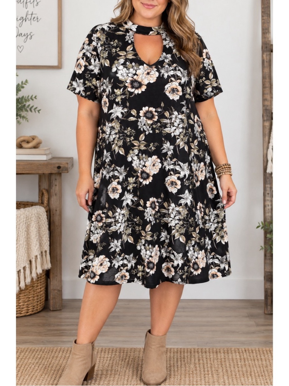 Sauci elegant Black allover floral print in cream & blush tones- 1X